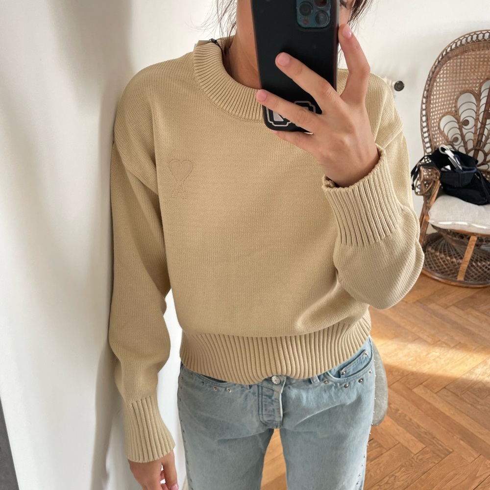 Ami Cream Crew Neck Sweater with Relaxed Fit and Full Length Sleeves